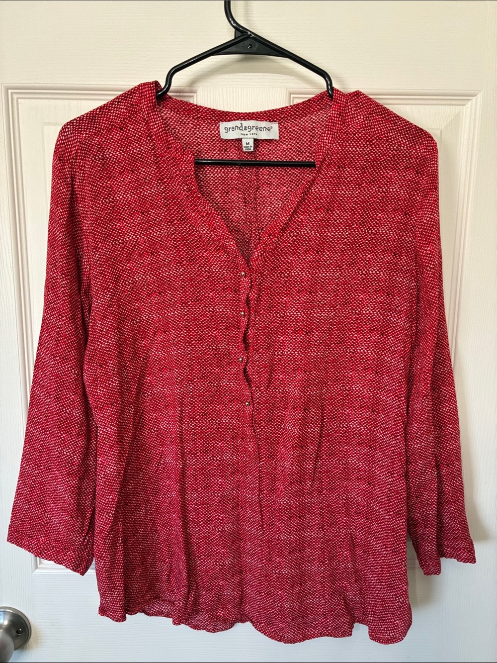 Grand & Greene Red patterned Button V-Neck Blouse.- size medium